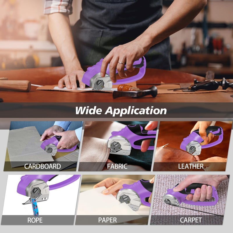 Mershca Cordless Electric Scissors, 4V Rechargeable Box Cutter & Cardboard Cutter with LED Light, Safety Lock - Rotary Cutter for Fabric, Leather, Carpet, Plastic, Crafting, Sewing with Storage Box(Purple) - Image 4
